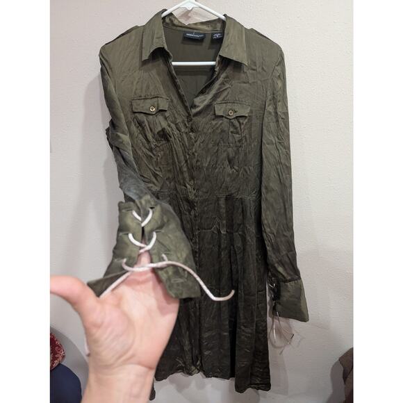 Moda International size S long sleeve collared 100% silk olive green midi dress - Picture 3 of 9